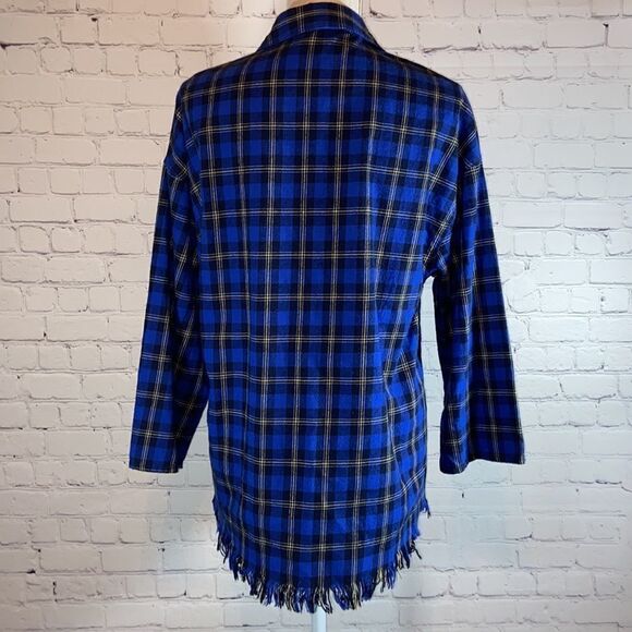 Umgee Blue Plaid Raw Fringe Hem Button Down - Picture 6 of 8